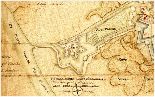 Waterschans_detail_uit_kaart_van_Bergen_op_Zoom_van_FS_de_Nije_uit_1754